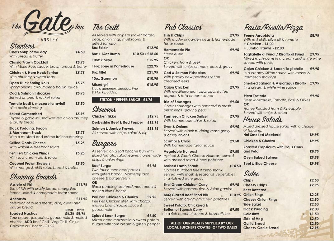 gatemainmenu The Gate Inn Tansley